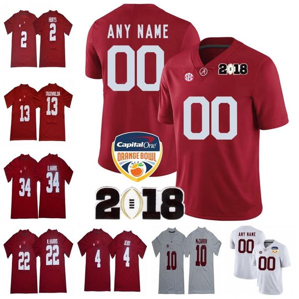 

Custom Alabama Crimson Tide 2018 NCAA Orange Bowl White Red Jersey #13 Tagovailoa Devonta Smith Henry Ruggs Harris Jeudy Waddle Championship