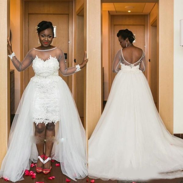 

long sleeve hi-low black girl plus size wedding dresses chapel train bridal wedding gowns robe de mariee, White