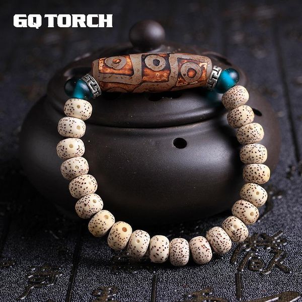 

authentic natural bodhi seed beads bracelets with dzi bead evil eye for women vintage tibetan silver original design, Golden;silver