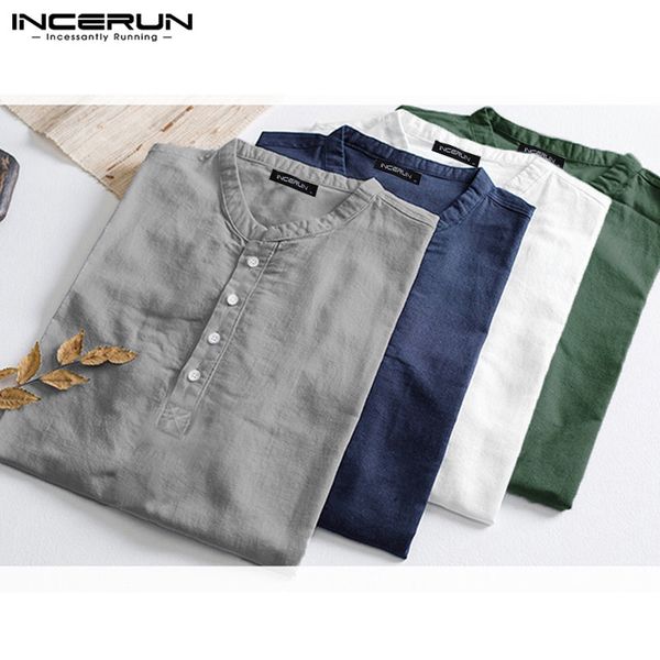

incerun men solid color long sleeve casual shirt fashion literary joker cotton linen crew collar button mens blouse streetwear, White;black