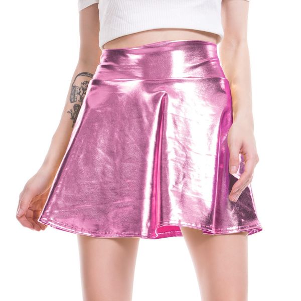 

faux leather skirt for women pleated pu skirt female elegant above knee mini skirts silver shiny holographic bling clothing, Black
