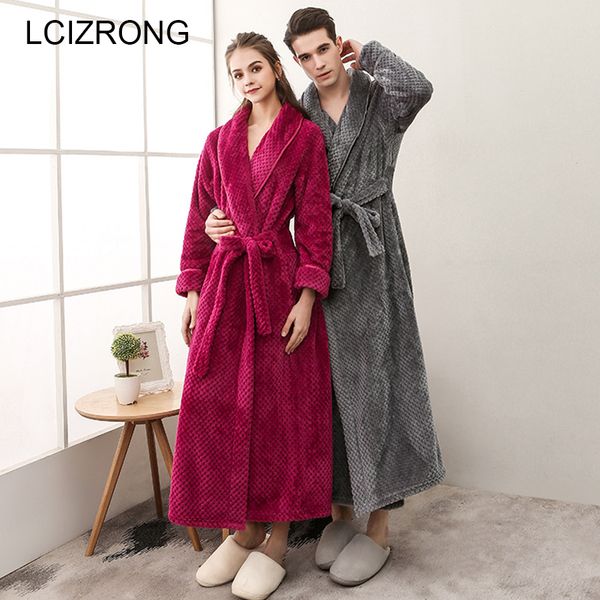 

winter couple thick long bathrobes women plus size flannel ankle-length dressing gown warm soft lounge robe, Black;red