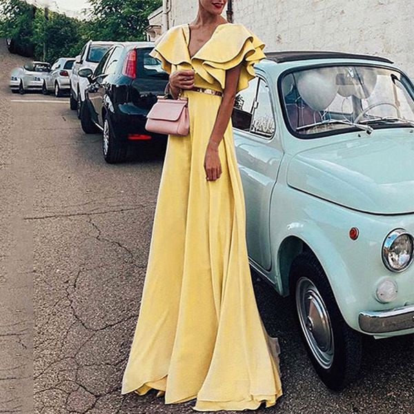 

women's dress elegant v-neck long dress ruffled sleeve slim knee-length dinner eventing party dresses, Black;gray