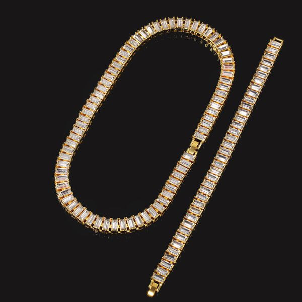 

men's hip hop bling bling iced out tennis chains 1 row oblong rhinestone gold necklace bracelet set sumptuous men chain fashion jewelry, Silver