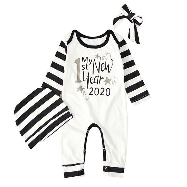 

newborn baby clothes my first new year jumpsuit 2020 winter infant baby girls boys letter romper+hat+hairbands casual clothes, White