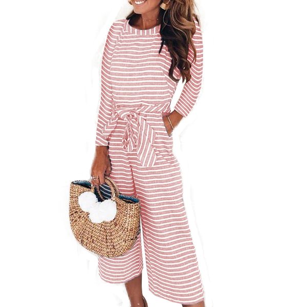 

Elegant Sexy Jumpsuits Women Long Sleeve Striped Jumpsuit Loose Trousers Wide Leg Pants Rompers Holiday Belted Leotard Overalls