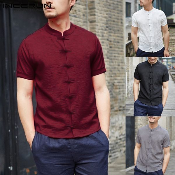 

2020 mens vintage shirts dress short sleeve button down slim fit summer chinese style tee male clothing camisas masculina, White;black