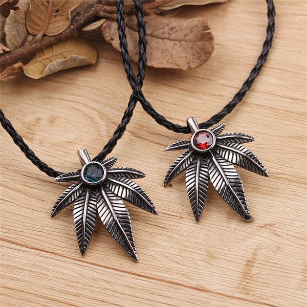 

fashion maple red & blue jewel gem leaf compass wolf tooth rock style pendant necklace for men women party sweater chain, Silver