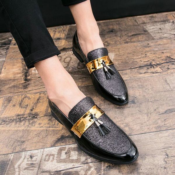 

men loafers moccasins dress shoes men flat black golden formal patchwork tassel leather shoe handmade wedding party shoes lk-03