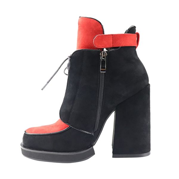 

2020 new womens thick heel boots patchwork kid-suede dress winter boots shoelace buckles deco fashion evening ankle boots a878-c990, Black