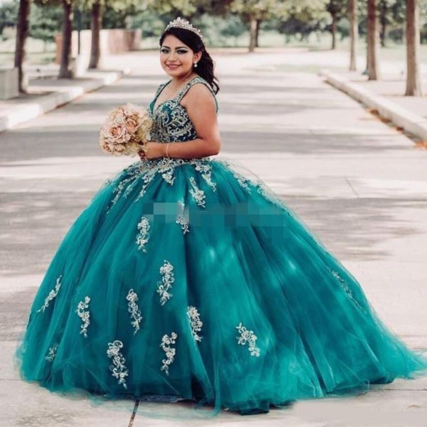

hunter green ball gown quinceanera dresses tulle gold applique beaded 2020 sweet 16 straps princess pageant party formal wear, Blue;red