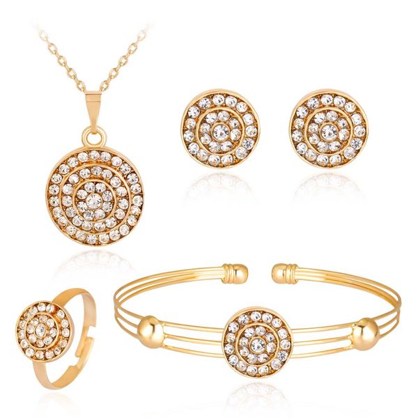 

2019 jewelry set europe wind simple gold color crystal round necklace earrings ring bracelet wholesale, Slivery;golden