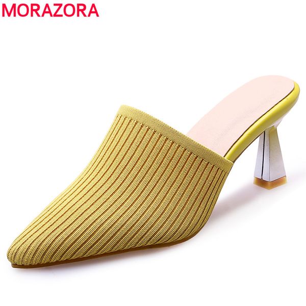 

morazora 2019 plus size 34-43 women slippers slip on pointed toe stretch fabric summer ladies shoes high heels slippers female, Black