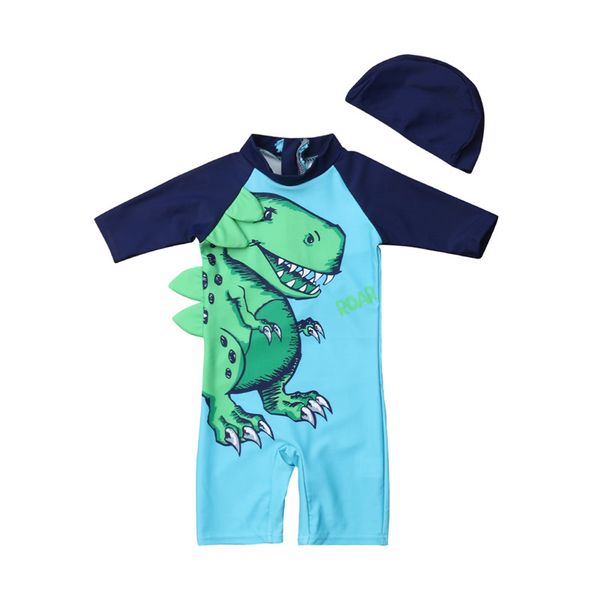 

blue dinosaur baby kids boy cartoon bathing suit sun protective swimwear rash guard swimming cap swimsuit beach clothes