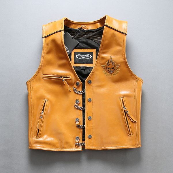 Angle Men's Genuine Leather Motorcycle Colete Amarelo Back 3D Crânio Punk Grosso Vest Bomber Sem Mangas Jaqueta