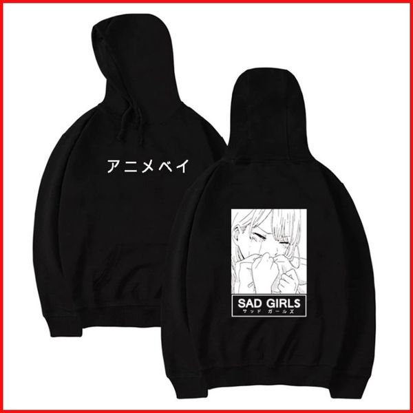 

anime sad girls printing long-sleeved anime hoodie, Black