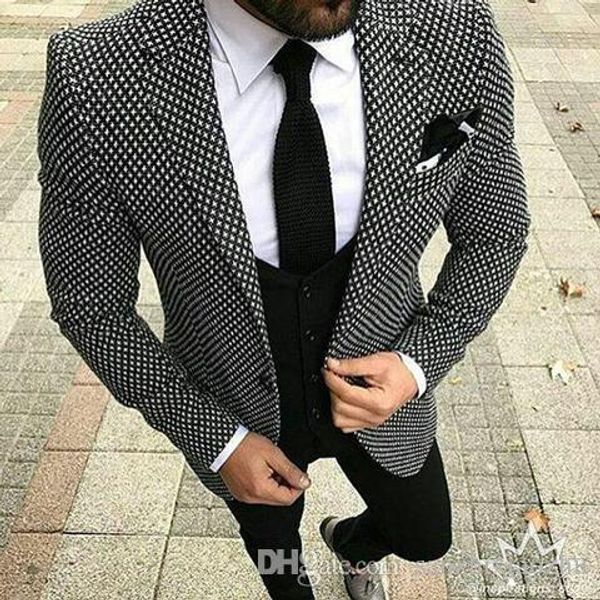Клетчатый черно-белый мужской костюм на заказ, приталенный деловой пиджак для жениха и выпускного вечера, смокинг из 3 предметов, свадебный костюм, куртка, брюки, жилет263Q