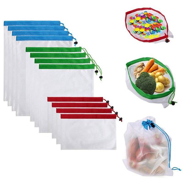 

12pcs reusable produce storage bags washable mesh bag grocery shopping bag for fruit/vegetable - 3 various sizes