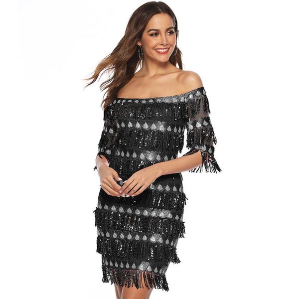 

summer sexy ladies party fashion блестка платье женщины boat neck вышивка кисточка wrap средний рукав вечер bodycon, White;black