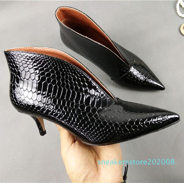 

pointed toe v mouth stilettos single shoes small big size thin high heel shoes women snake patent leather pumps women shoes s08, Black