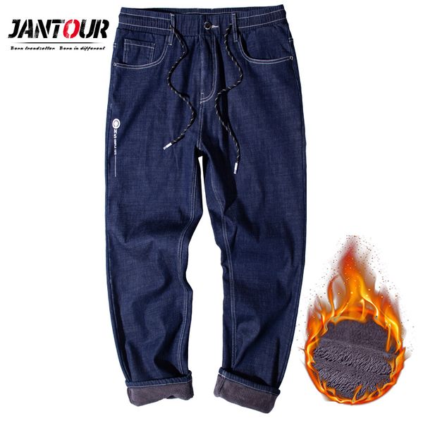 

winter warm fleece men's jeans thick stretch denim jean straight loose cotton trousers men big size 40 42 44 46 48, Blue