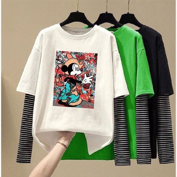 

cotton fake two-piece t-shirt female long-sleeved student loose 2020 season ins t-shirt wind avocado green summer clothes, White