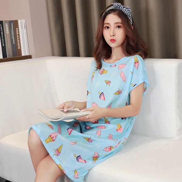

korean version women cute cartoon print nightdress girls summer loose comfortable milk silk home leisure pajamas, Blue;gray