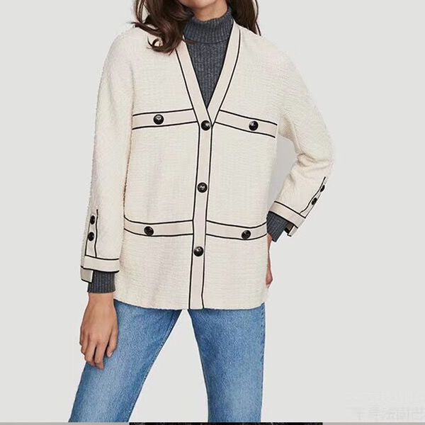 

law list 2019 autumn / winter tweed v-neck color matching wild women's cardigan coat, Black