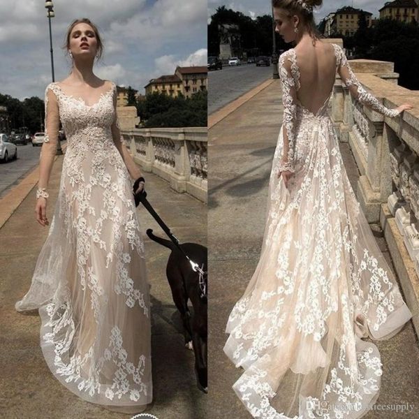 

2019 country champagne full lace wedding dresses sheer long illusion sleeves backless sweep train a-line wedding bridal gowns custom made, White