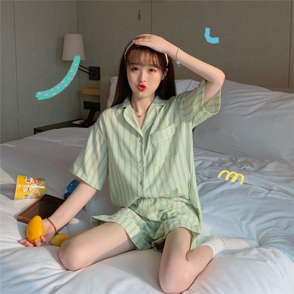 

korean summer casual tracksuit loose striped short sleeve elastic waist thin shorts pajamas home fashion two piece suit, Black;red