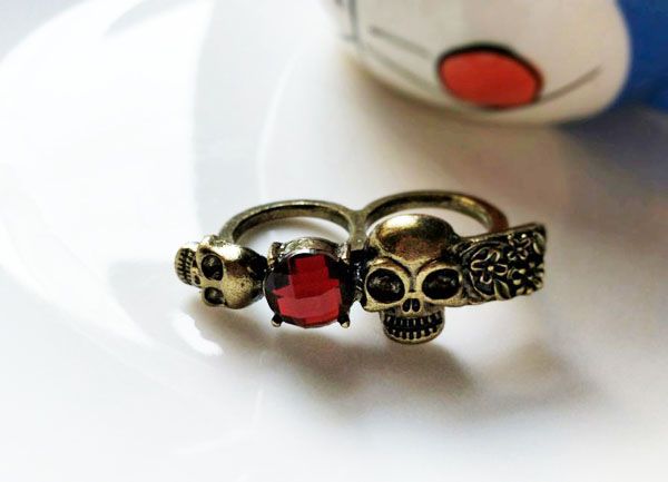 

fashion jewelry vintage double finger ring skull ring, Silver