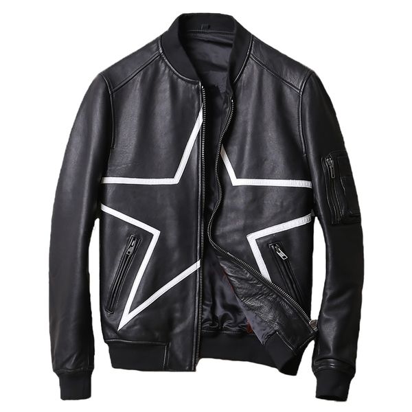 

мужские куртки из натуральной кожи черная овчина бейсбольные куртки пентаграмма мотоцикл кожаное пальто для мужчин, Black