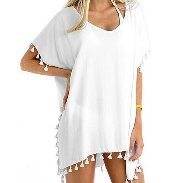 

new womens summer chiffon blouse swimwear lady loose casual holiday beach tassel shirts blouses plage swimsuits covers 2019, White