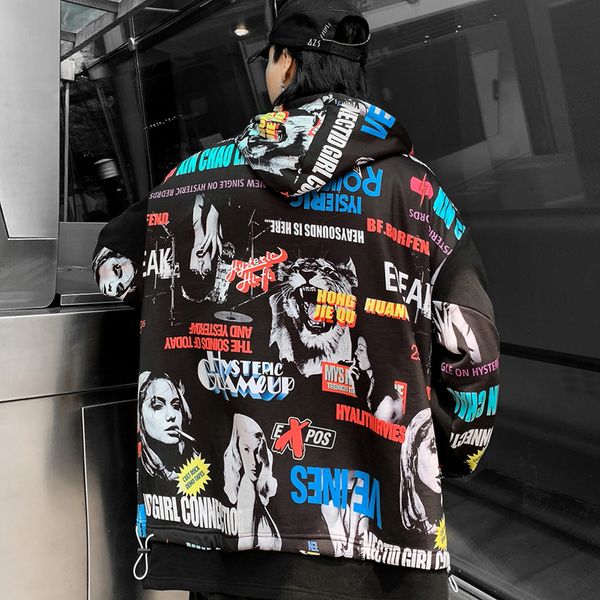 

original character print plus velvet thick long coat autumn chaqueta hombre fleece bomber jacket hooded casual jackets and coats, Black;brown