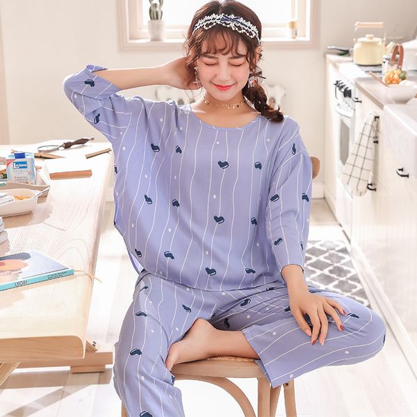 

summer women 2pcs sleepwear cotton soft home wear printed pajama pyjama set long sleeve nightwear suit loose pijamas -xxl, Blue;gray