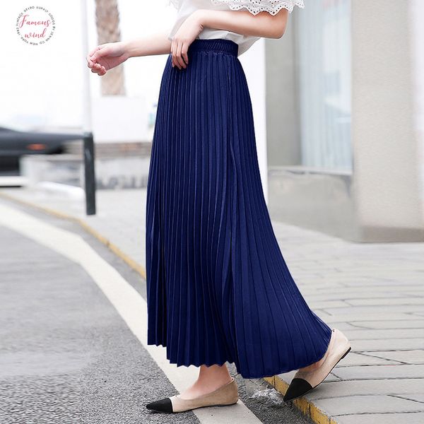 

lanmrem 2020 new summer fashion women clothes solid striped color longpleated skirt high waist half body skirt woman elastic waist skirt, Black
