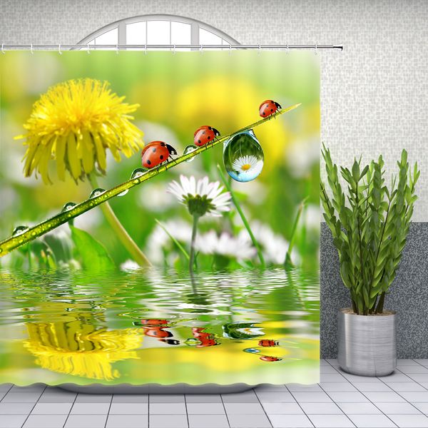 2019 Ladybug Shower Curtain Floral Plant Spring Scenery Bathroom