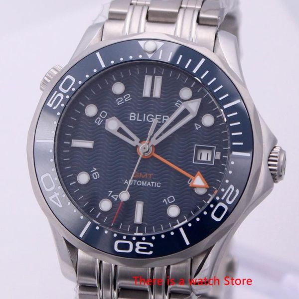 

bliger 41mm automatic mechanical men watch sapphire crystal stainless steel bracelet luminous waterproof calendar gmt watch male, Slivery;brown