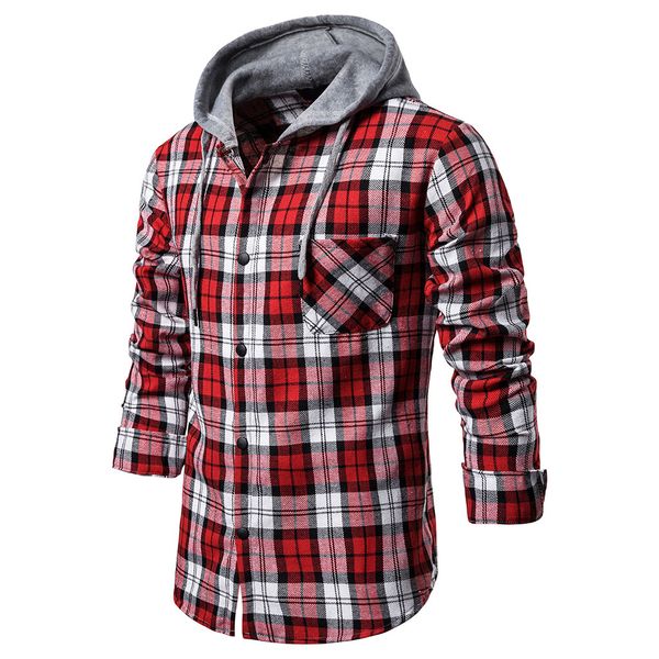 

2019 hoody shirts men dress autumn hooded men shirt casual slim plaid camisa masculina classic pocket shirts chemise homme, White;black