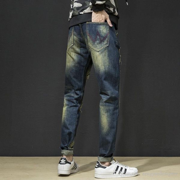 

mens retro new designer jeans hole fashion style button zipper blue homme clothing hip hop casual apparel