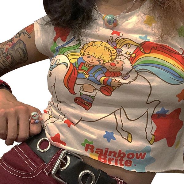

summer women short sleeve crop o neck printed navel t shirt graphic tees cute woman clothes, White