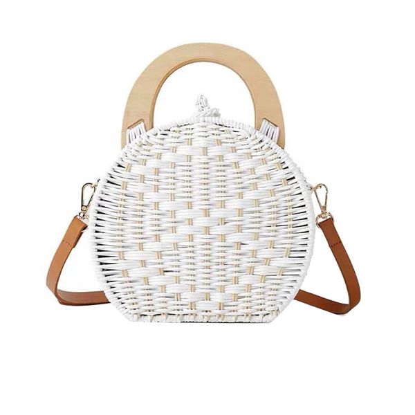 

woman fashion wooden handle rattan knit bag white straw bag shoulder messenger