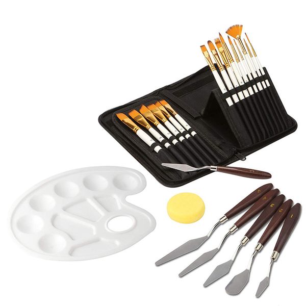 

24 art paint brush set, 15 упаковка различные щеточные формы размеры bonus живопись нож акварели губка нет shed щетина деревянная ручка