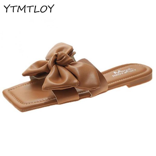 

summer slippers slapping beach flip flops non-slip family oversized bow decoration leather outdoor slippers zapatillas, Black