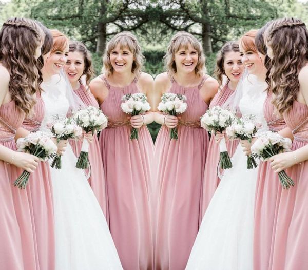 

western bridesmaid dress pink chiffon summer country garden formal wedding party guest maid of honor gown plus size custom made, White;pink