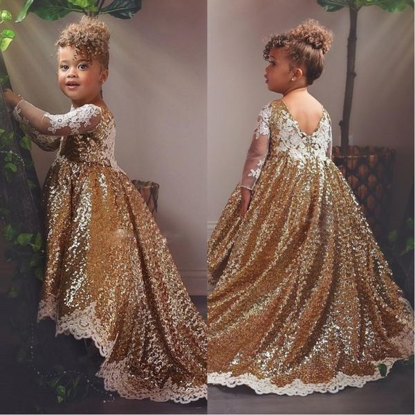 2020 Glitter Gold Flower Girl Vestidos com Laço Branco apliques de mangas compridas Hi Lo Toddlers Adolescentes Adolescentes Comunhão Dress Drows