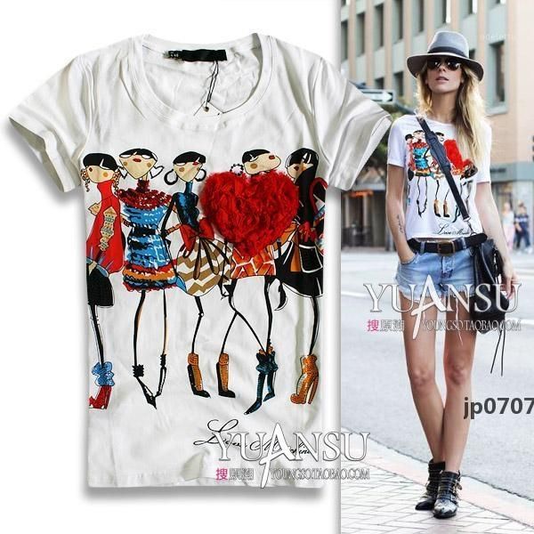 

wholesale-[yuansu brand] blusas femininas 3d applique illustrator print short-sleeve elastic women t-shirt for women, White