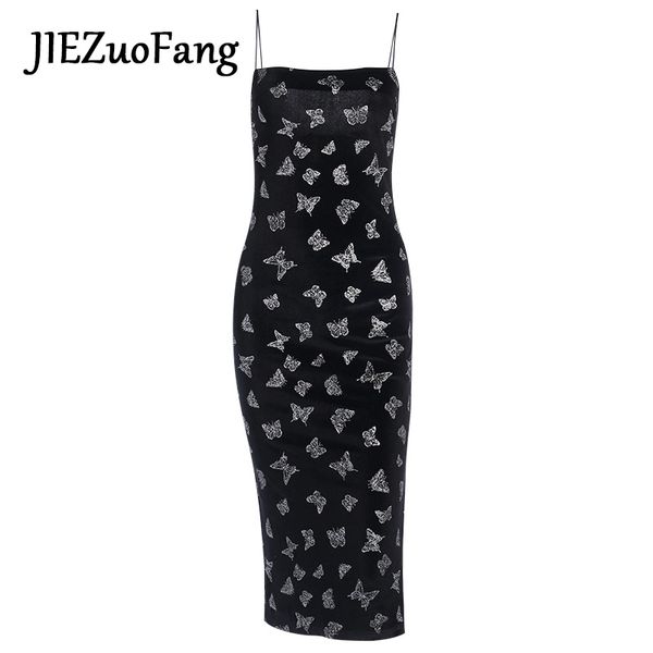 

jiezuofang butterfly printing dress luxury sleeveless black dress for women summer party casual slim slash neck dresses, Black;gray