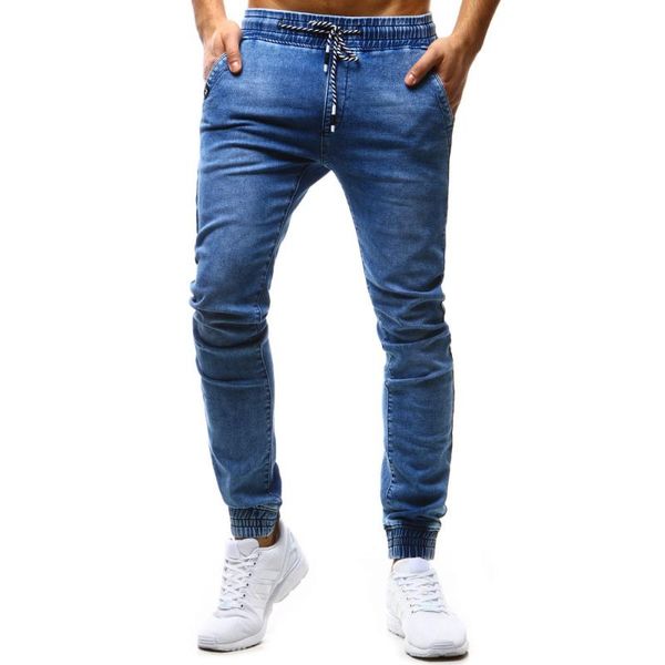 

jeans men classic solid color slim rope waist jeans large size s-3xl fabric men's casual feet elastic hip hop, Blue