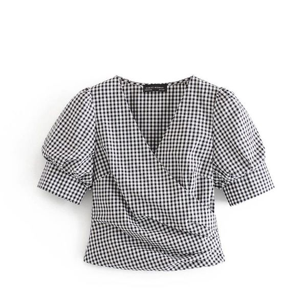 

summer new product versatile temperament french retro lattice v-neck bubble sleeve pleated waist short shirt, White